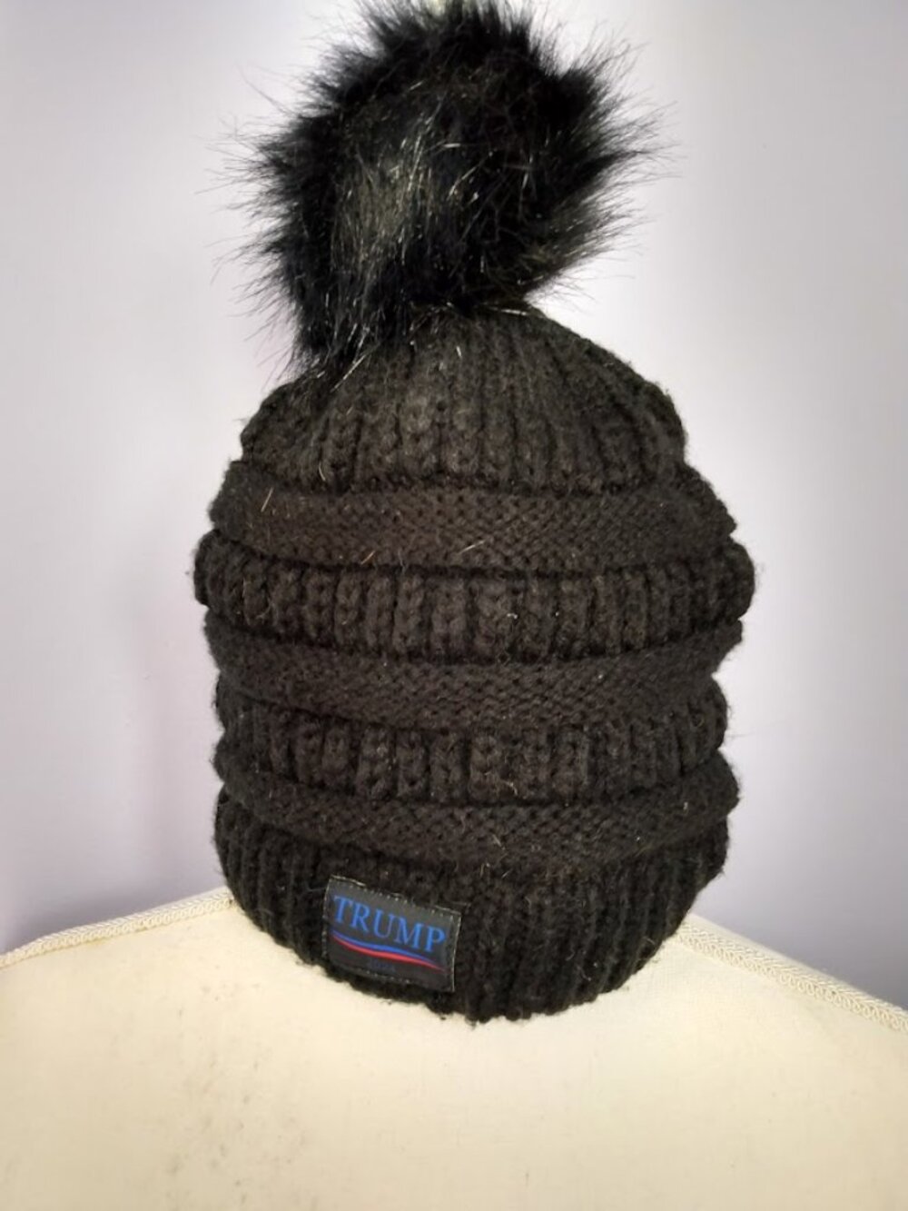 Men's Beanie Pom Pom Hat Trump 2024 Patch Black Knit